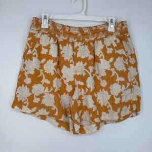 Briggs Womens Medium Pull On Shorts Orange Natural Floral Linen Rayon Pockets